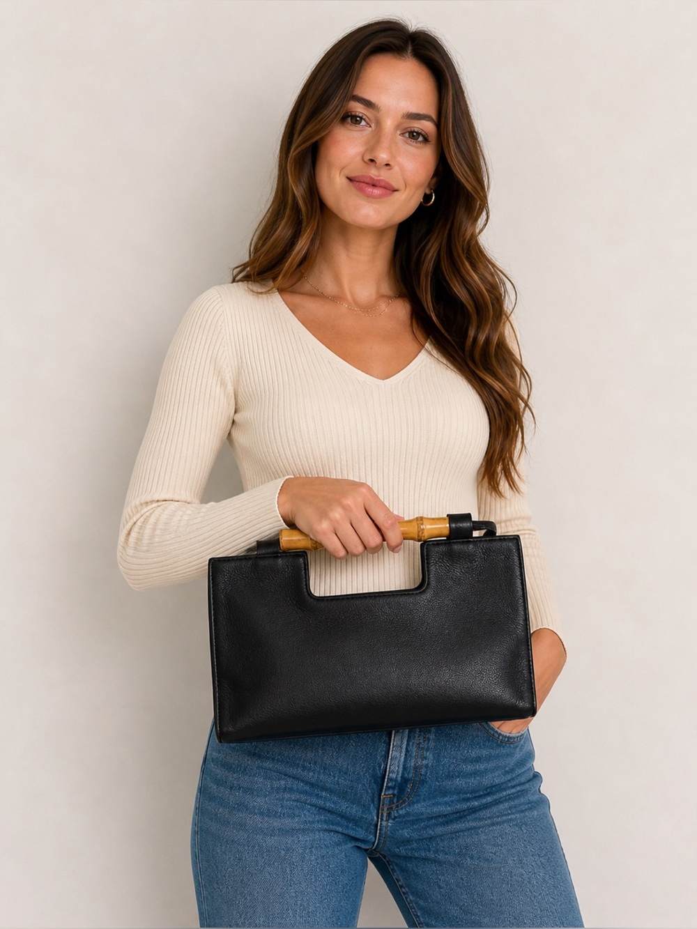 Talbots Black Satchel with Bamboo Handle